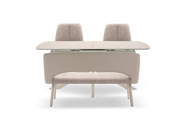 Tino Large Pop-up Extending Dining Table with 2 Swivel Chairs and a High Back Bench in Two Tone Upholstery
