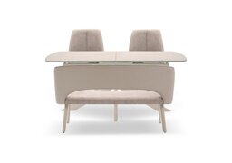 Tino Large Pop-up Extending Dining Table with 2 Swivel Chairs and a High Back Bench in Two Tone Upholstery