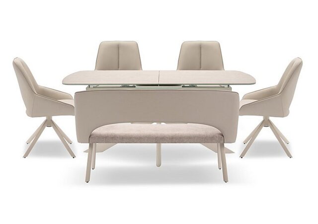 Tino Large Pop-up Extending Dining Table with 4 Swivel Chairs and a High Back Bench in Faux Leather