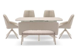 Tino Large Pop-up Extending Dining Table with 4 Swivel Chairs and a High Back Bench in Faux Leather