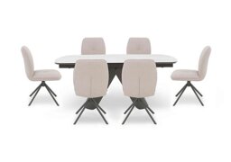 Perla Large Matt Extending Dining Table and 6 Faux Leather Swivel Chairs