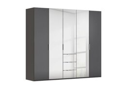 Rauch - Formes 5 Door Bifold Combi Wardrobe with 2 Glass Doors and 3 Mirror Doors - Graphite/Basalt Front
