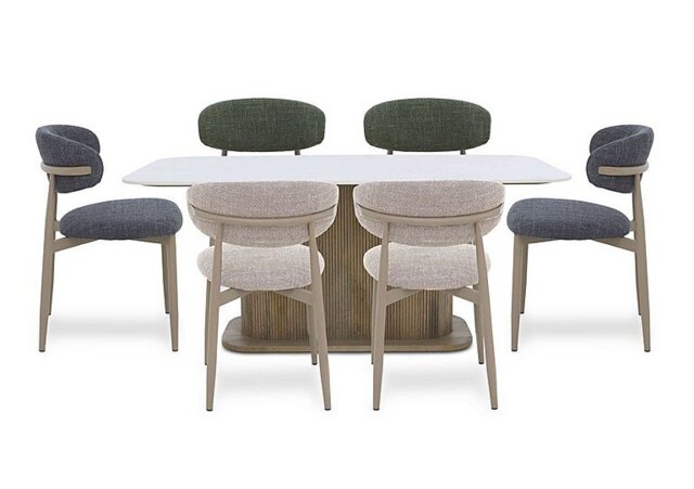 Aimar Rectangular Dining Table with 2 Oat, 2 Green and 2 Dark Grey Open Back Chairs