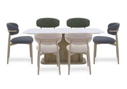 Aimar Rectangular Dining Table with 2 Oat, 2 Green and 2 Dark Grey Open Back Chairs