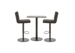 Moon Small Table and 2 Fabric Rise and Swivel Bar Stools