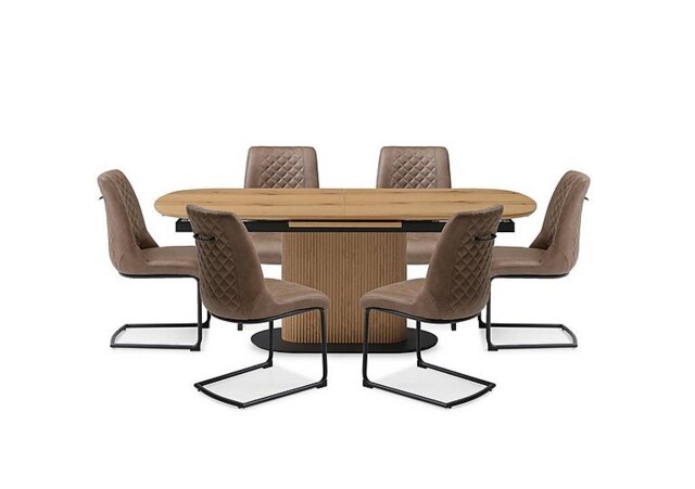 Jayden Pop Up Extending Dining Table and 6 Faux Leather Cantilever Chairs - 180-cm - Light Brown