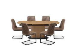 Jayden Pop Up Extending Dining Table and 6 Faux Leather Cantilever Chairs - 180-cm - Light Brown
