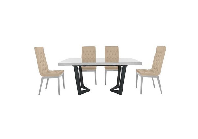 Palazzo 160cm Extending Dining Table in Glossy White with 4 Capitonne Buttoned Chairs - Aquos Cream