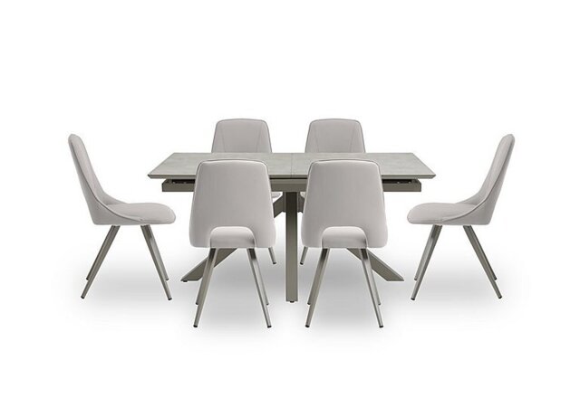 Matera Pop Up Extending Dining Table with Star Base and 6 Faux Leather Chairs with Taupe Legs