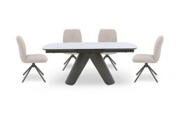 Perla Gloss Extending Dining Table and 4 Faux Leather Swivel Chairs - 180-cm