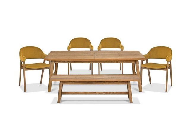 Stratford Large Extending Dining Table with Small Bench and 4 Fabric Dining Arm Chairs - Mustard Velvet