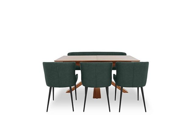 Hanoi Extending Dining Table with Wooden Base and 3 Faux Leather Chairs and a Bench - Bottle Green