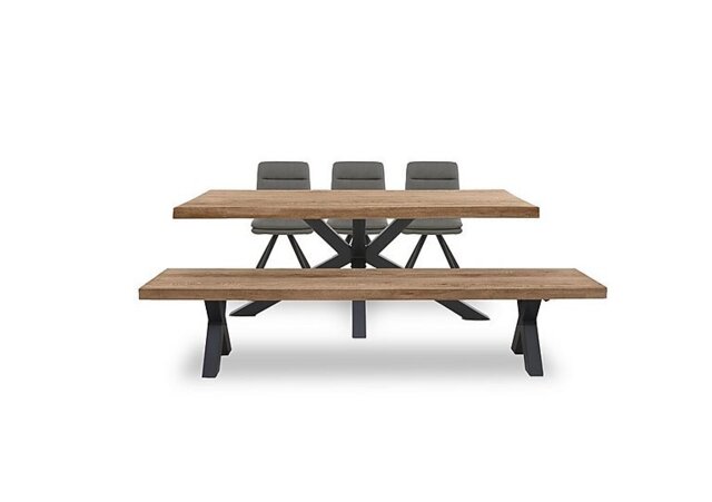 Bodahl - Njord Raw Edge Dining Table with Metal Star Base, Bench and 3 Grey Faux Leather Swivel Chairs - 240-cm