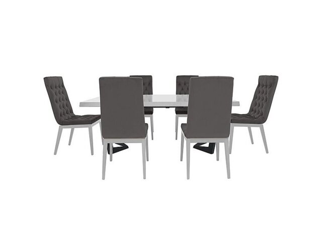 Palazzo 160cm Extending Dining Table in Glossy White with 6 Capitonne Buttoned Chairs - Aquos Dark Grey