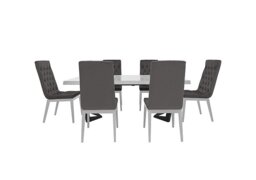 Palazzo 160cm Extending Dining Table in Glossy White with 6 Capitonne Buttoned Chairs - Aquos Dark Grey