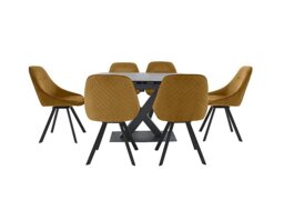 Arctic Extending Dining Table with Graphite Top and 6 Swivel Chairs - Mustard Velvet