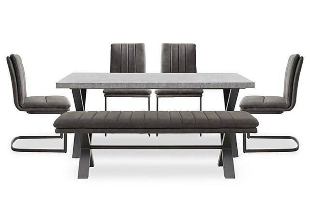 Moon Large Dining Table with X Shaped Legs, Fabric Bench and 4 Fabric Cantilever Chairs