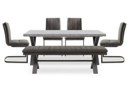 Moon Large Dining Table with X Shaped Legs, Fabric Bench and 4 Fabric Cantilever Chairs
