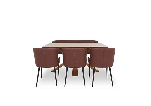 Hanoi Extending Dining Table with Wooden Base and 3 Faux Leather Chairs and a Bench - Tan