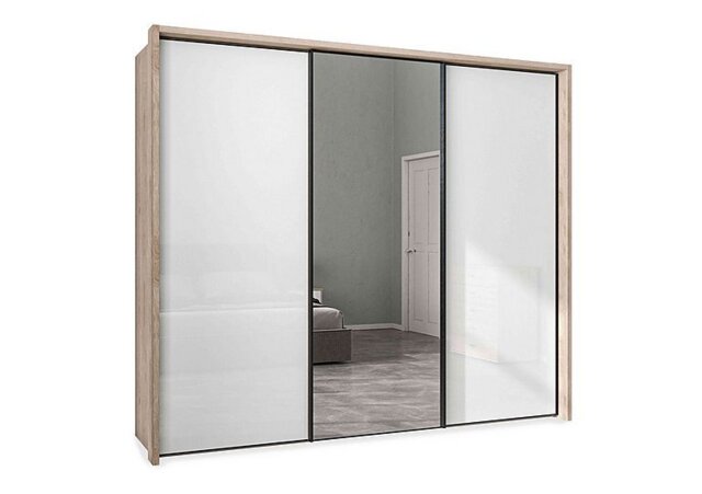 Wiemann - Dallas 260cm 3 Door Sliding Glass Wardrobe with Centre Mirror Door - Holm Oak and White