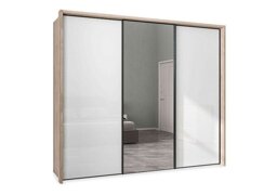 Wiemann - Dallas 260cm 3 Door Sliding Glass Wardrobe with Centre Mirror Door - Holm Oak and White