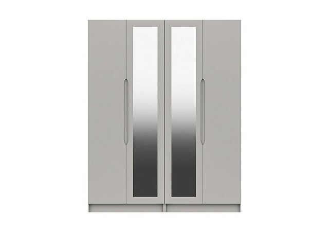 London Bedrooms - St Pancras 4 Door Tall Wardrobe with 2 Mirrors - Light Grey Gloss
