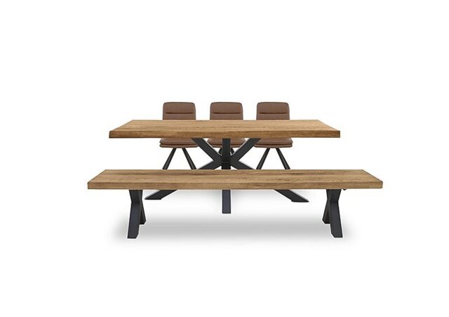 Bodahl - Njord Raw Edge Dining Table with Metal Star Base, Bench and 3 Tan Faux Leather Swivel Chairs - 240-cm