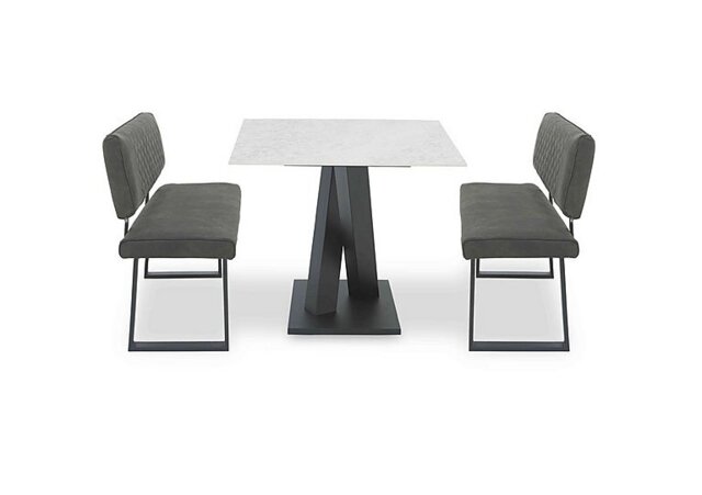 Warrior Crystal White Compact Fixed Dining Table with 2 High Back Benches - White/Grey