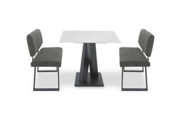 Warrior Crystal White Compact Fixed Dining Table with 2 High Back Benches - White/Grey