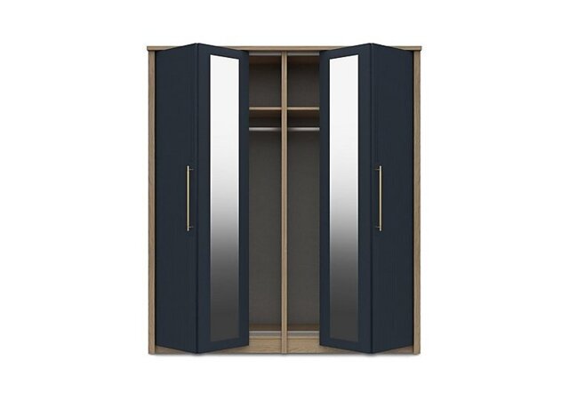 London Bedrooms - Chelsea 4 Door Bifold Wardrobe with 2 Mirror Doors and Gold Handles - Royal Blue