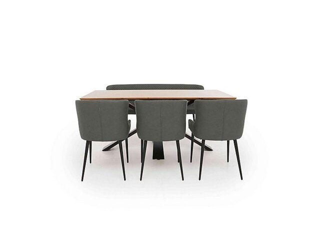 Hanoi Fixed Dining Table with Metal Base and 3 Faux Leather Chairs and a Bench - Slate Grey