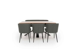 Hanoi Fixed Dining Table with Metal Base and 3 Faux Leather Chairs and a Bench - Slate Grey