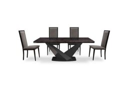 Vita Extending Dining Table and 4 Wooden Chairs with Plain Upholstered Backs - 300-cm - Miraglio Granite