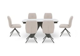 Perla Small Matt Extending Dining Table and 6 Faux Leather Swivel Chairs
