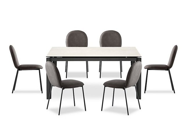 Connubia - Rosa 160cm Medium Extending Dining Table with Salt White Ceramic Top and Black Metal Legs and 6 Riley Chairs