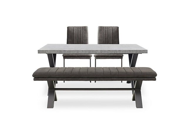 Moon Small Dining Table with X Shaped Legs, Fabric Bench and 2 Fabric Cantilever Chairs