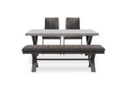 Moon Small Dining Table with X Shaped Legs, Fabric Bench and 2 Fabric Cantilever Chairs