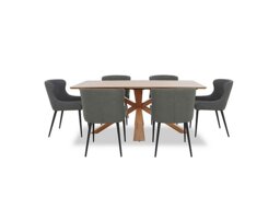 Hanoi Fixed Table with Wooden Base and 6 Faux Leather Dining Chairs - Slate Grey