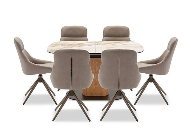 Arno Pop Up Extending Dining Table and 6 Faux Leather Swivel Chairs - 130-cm - Truffle