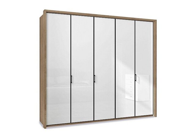 Wiemann - Dallas 257cm 5 Door Hinged Glass Wardrobe - Bianco Oak and White - Bedroom Furniture - In Time for Christmas