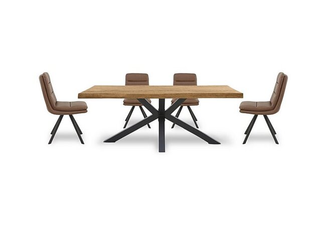 Bodahl - Njord 160cm Compact Raw Edge Dining Table with Metal Star Base and 4 Tan Faux Leather Swivel Chairs