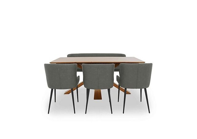 Hanoi Fixed Dining Table with Wooden Base and 3 Faux Leather Chairs and a Bench - Slate Grey