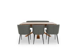 Hanoi Fixed Dining Table with Wooden Base and 3 Faux Leather Chairs and a Bench - Slate Grey