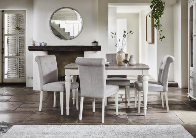 Furnitureland - Annecy Large Extending Dining Table and 4 Fabric Upholstered Roll Back Chairs