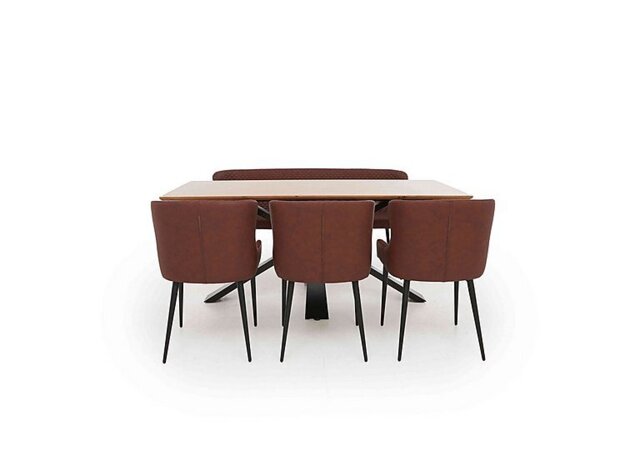 Hanoi Fixed Dining Table with Metal Base and 3 Faux Leather Chairs and a Bench - Tan