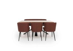 Hanoi Fixed Dining Table with Metal Base and 3 Faux Leather Chairs and a Bench - Tan