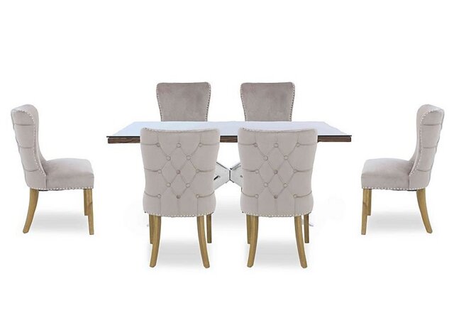 Kiara Small Rectangular Dining Table with Chrome Legs and 6 Luxe Fabric Chairs