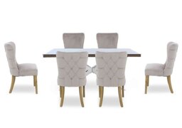 Kiara Small Rectangular Dining Table with Chrome Legs and 6 Luxe Fabric Chairs