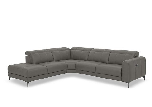 Ezra Leather Power Recliner Chaise End Left Hand Facing Corner Sofa with Power Headrests - Elephant - Sofas and Armchairs