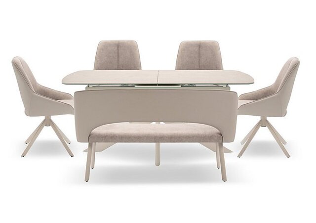 Tino Large Pop-up Extending Dining Table with 4 Swivel Chairs and a High Back Bench in Two Tone Upholstery